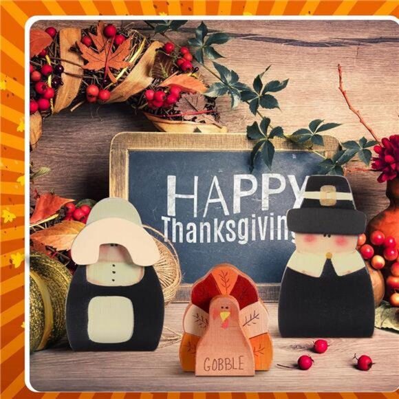 3 Pcs Fall Thanksgiving Decorations Fall Wooden Turkey Pilgrim Couple Table Sign - Picture 4 of 7